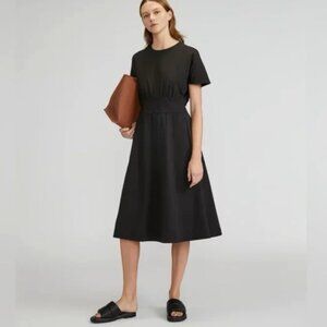 Everlane NEW Organic Cotton Jersey Crew Cinched Waist Black Midi Dress size M